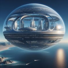 an image of a futuristic city floating in the air over water and land with mountains