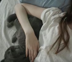 a woman laying in bed next to a cat