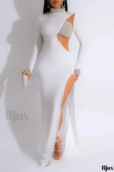 Bjux - Glamorous Drilling-Inspired Maxi Dresses with Half Turtleneck and Side Cutout White Bodycon Maxi Dress For Party, Hot Party Dresses, Bodycon Evening Dress, White Evening Dress, Straight Fit Denim, Exclusive Dress, Bodycon Maxi Dresses, Half Sleeve Dresses, Romper Outfit