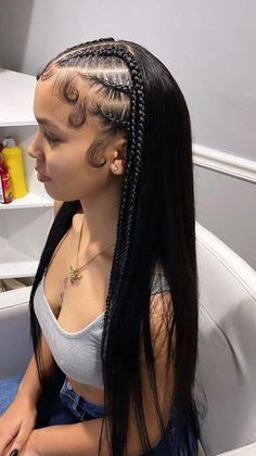 Braids With Hair Out In The Back, Braid With Hair Down, Braided Hairstyles Hair Down, Half Feed In Braids Half Sew In Straight, Half Up Half Down Cornrows Braids, Braids With Weave In The Back, Hairstyles With Braiding Hair, Braids In The Front Natural Hair