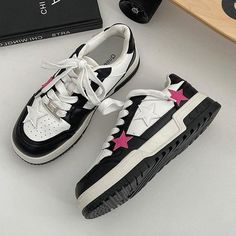 These cute black sneakers have a vegan leather upper with an aesthetic pink stars design, a low ankle rise and a pink lace up in front ✨ Material: Vegan Leather Run small, please review the sizing information Cute Black Sneakers, Elegant Sneakers, Stars Design, Pink Star, Platform Mary Janes, Rose Pale, Aesthetic Clothing, Star Sneakers, Mary Jane Heels