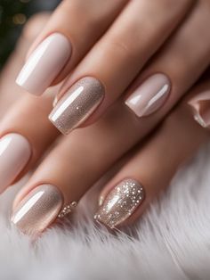 Arresting Christmas Beige Nail Designs Ideas 2023 || Christmas Beige Nails 2023 New Years Neutral Nails, Christmas Nails 2023 Neutral, Festive Nail Designs Sparkle, Christmas Nails Champagne, Beige Nails With Sparkle, Festive Nails New Years, Nude Nails Christmas Design, New Years Nail Designs Gold, New Years Nails Gel Short Simple