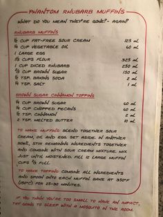 a menu listing the different types of muffins