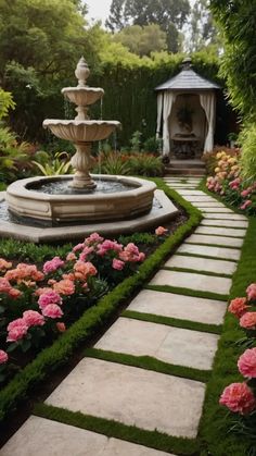 an outdoor fountain surrounded by flowers and greenery in a garden with stone walkways