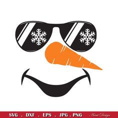 a carrot wearing sunglasses with snowflakes on it's head and the words svg dxf eps png