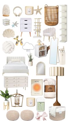 a collage of white furniture and accessories