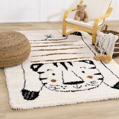 a white rug with a tiger design on it and a chair in the corner next to it