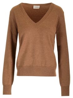 Caramel brown stretch wool and cashmere knit sweater from P.A.R.O.S.H. featuring a V-neck, ribbed edges and a standard fit. Gucci Pumps, Versace Designer, Versace Sweatshirt, Wang Dress, Versace Shirt, Sweater For Women, Caramel Brown, Brown Sweater, Shirt Skirt