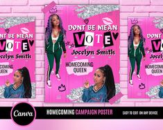 three flyers for an upcoming campaign featuring two women in green outfits and pink brick wall