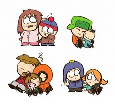 cartoon characters with different expressions on their faces, including one person holding a baby and the other