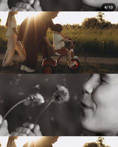 two photos with the same person holding a dandelion in front of them, and one is looking up at it