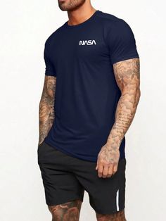 Navy Blue  Collar Short Sleeve Fabric Letter  Embellished Slight Stretch  Men Activewear Sport T Shirts, Men Activewear, Men's Activewear, Sports Tee, Fabric Letters, Navy Blue Shorts, Sport T-shirts, Outdoor Men, Running Man