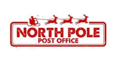 the north pole post office sign with santa's sleigh