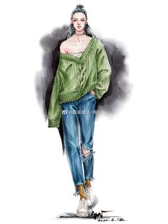 a drawing of a woman in green sweater and jeans