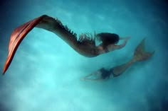 two people are swimming in the water with their backs turned to look like mermaids