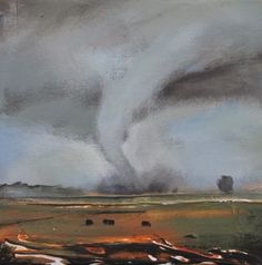 an oil painting of a storm coming in over a field with cows grazing on the grass