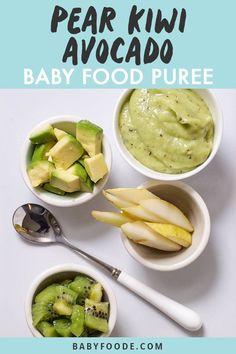 baby food puree in small bowls with spoons and bowl full of fruit next to it