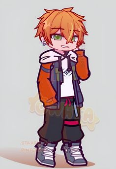 an anime character with orange hair and green eyes, standing in front of a gray background