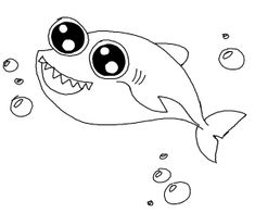 a cartoon shark with big eyes swimming in the ocean coloring pages for kids, printable