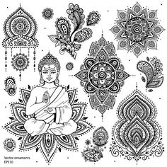 black and white drawing of buddha on lotus flowers