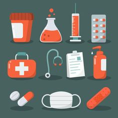 various medical items are arranged on a gray background with orange and white accents, including an iv