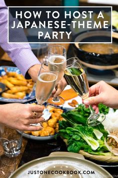 people are toasting with champagne glasses at a japanese - themed party in this postcard image