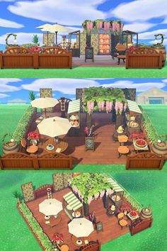 two different views of an outdoor dining area with tables and umbrellas on the roof