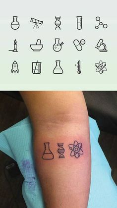 an arm with some tattoos on it and the words science written in different font styles