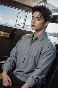 a man sitting on top of a boat next to the ocean and looking off into the distance