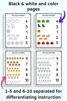 four different worksheets with numbers and colors to help kids learn how to use them