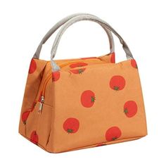 an orange lunch bag with tomatoes on it