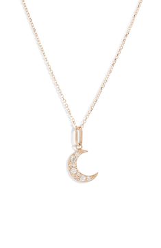 A crescent moon gets its glow from nine pavé-set diamonds in this beaming pendant necklace. Total diamond weight: 0.15ct. Color: G-H Clarity: SI1-SI2 14k gold/diamond Made in Canada >Diamond Guide White Gold Pendant Necklace, Moon Pendant Necklace, Diamond Guide, Gift Kit, Diy Kits Gift, Moon Pendant, Keep Jewelry, Free Gift Wrapping, Gold Details