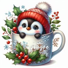 a penguin sitting in a cup with holly and berries on it's rim, wearing a red hat