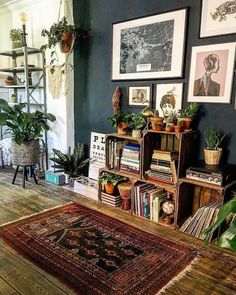 a living room filled with lots of plants and bookshelves on top of a wooden floor