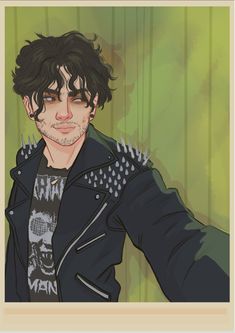 a drawing of a man with black hair and piercings on his ears, wearing a leather jacket