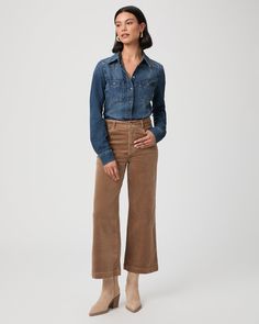 Anessa is our high-waisted wide leg with an easy, relaxed fit and an ankle length silhouette. This pair is crafted from our luxuriously soft corduroy fabric in a light brown hue. Our elevated micro-corduroy is made with the perfect amount of stretch for the most comfortable fit from morning to moonlight. | Anessa Wide Leg Pant - Burnt Sugar Corduroy | Size 25 Corduroy Pants Outfit, Burnt Sugar, Men Store, Corduroy Fabric, Fashion 2024, Denim Shoes, Wide Leg Pant, Bottom Clothes, Corduroy Pants