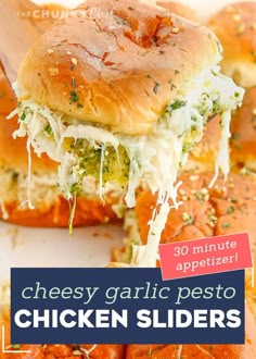 cheesey garlic pesto chicken sliders with text overlay