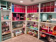 a room filled with lots of toys and shelves full of different types of items on top of each shelf