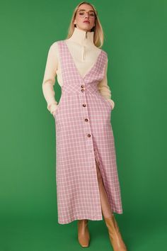 Our check pinafore dress is extremely versatile and can be layered with some of your autumn/winter favourites for a stylish yet super cosy look.  12% Elastane  88% Viscose Checkered Dress Outfit, Pink Pinafore Dress, Pinafore Dress Outfit, Check Pinafore Dress, Leather Coat Jacket, Pink Checkered, Cashmere Gloves, Oversized Dress, Print Coat