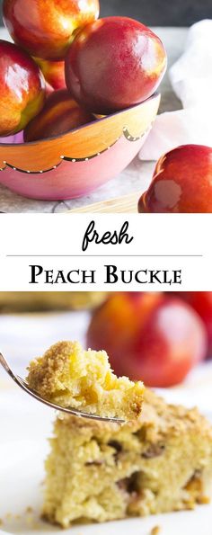 a close up of a spoon with food on it and an image of peaches in a bowl