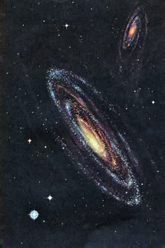 an artist's depiction of the milky and its companions, including two spiral galaxy like objects