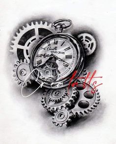 a drawing of a clock surrounded by gears