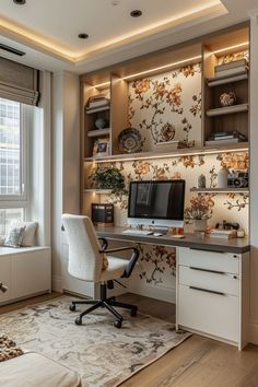 a home office with a desk, chair and window in front of the windowsill