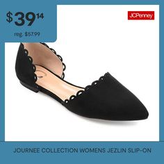 The Jezlin flat by Journee Collection features a lovely scalloped cut-out edge, and a faux suede material. The flattering pointed toe and breezy cut-outs come together to create a comfortable, all-day wear shoe.Features: ComfortClosure Type: Slip-OnShoe Heel Height: 1/2 InchUpper/Outer Base Material: 100% PolyuretheneShoe Lining Material: PolyurethaneSole Material Content: 100% PolyurethaneToe Type: Pointed ToeCare: Spot CleanHeel Style: Block HeelCountry of Origin: Imported Flats For Wedding, Shoes Ballet Flats, Ballet Flats Black, Black Ballet Flats, Suede Material, Journee Collection, Ballet Flat Shoes, Black Flats, Cut Outs