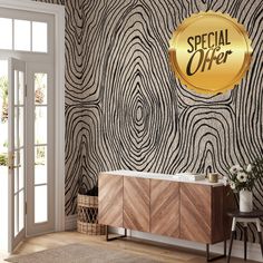 a living room with wood grain wallpaper and a gold seal that says special offer