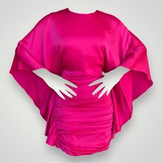 Fabulous Hot Pink Cape Style Mini Dress Such A Statement Piece New With Tags Retail Price Of 595$ Fabric Composition: 89% Acetate, 11% Polyester Interior - 100% Polyester Please Note: Minor Run At Back, Refer To Last Photo Fitted Silk Pre-draped Mini Dress, Fitted Silk Draped Dress, Fitted Silk Dress With Draped Design, Silk Mini Dress With Draped Sleeves, Silk Mini Dress With Draped Sleeves For Evening, Ruched Silk Sheath Dress, Silk Ruched Cocktail Dresses, Fitted Silk Mini Dress With Pre-draped Style, Fitted Silk Mini Dress Pre-draped