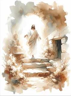 a watercolor painting of jesus walking down the steps to his cave with light coming through