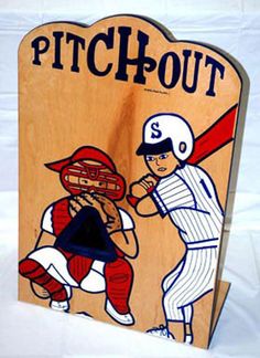 a wooden sign with a baseball player holding a bat on it's shoulder, and another cartoon character in the background