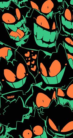 an orange and green pattern with black background