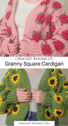 crochet round up granny square cardigan with sunflowers on the sleeves